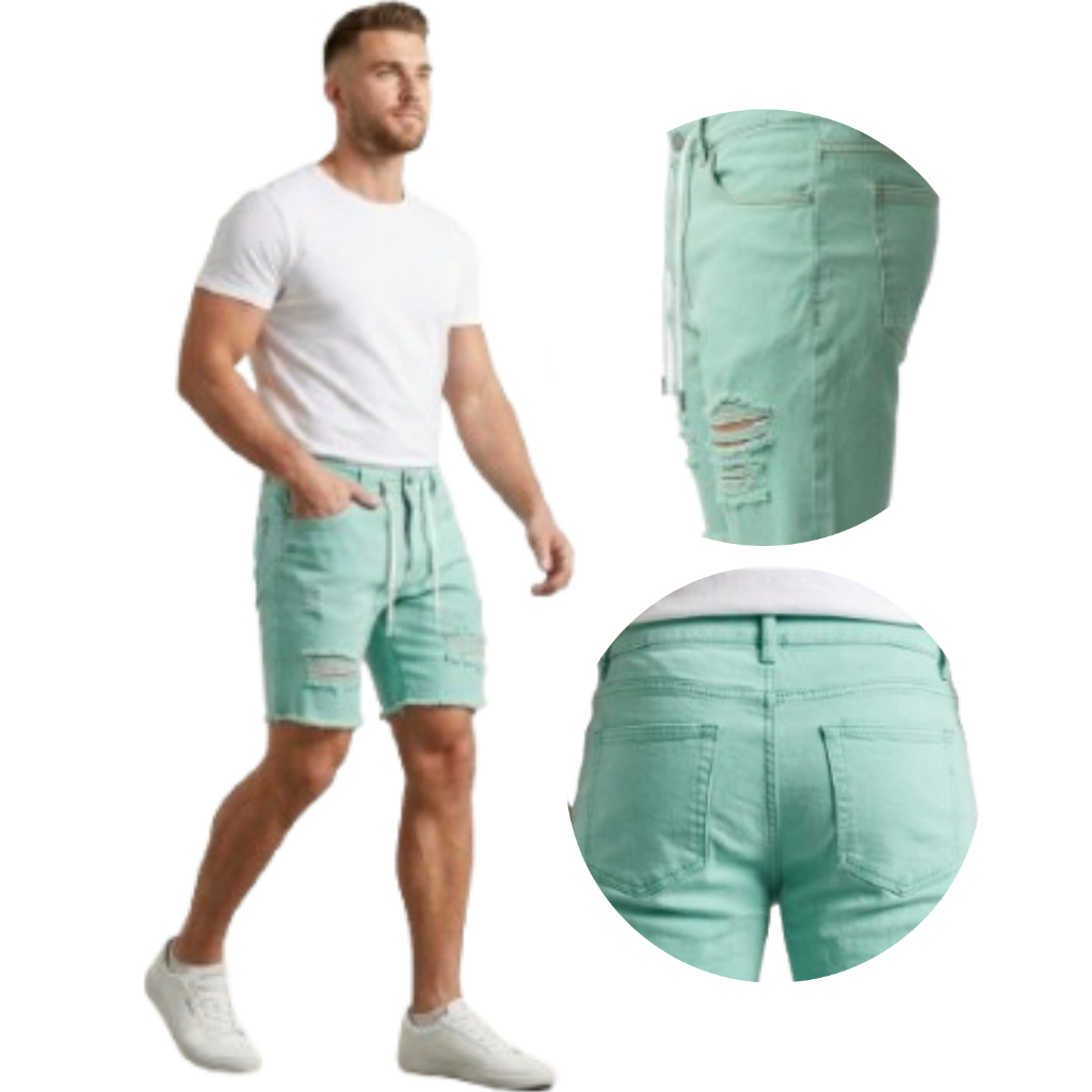 Bermuda Jeans Masculina Verde Menta Destroyed Rasgada Sarja Elastano Confortável Tendência Moda Masculina Premium