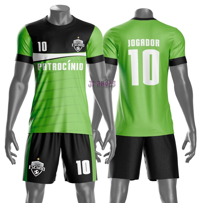 Uniforme jogador futebol amador esportivo camiseta e calção personalizavél nome número escudo mo 186
