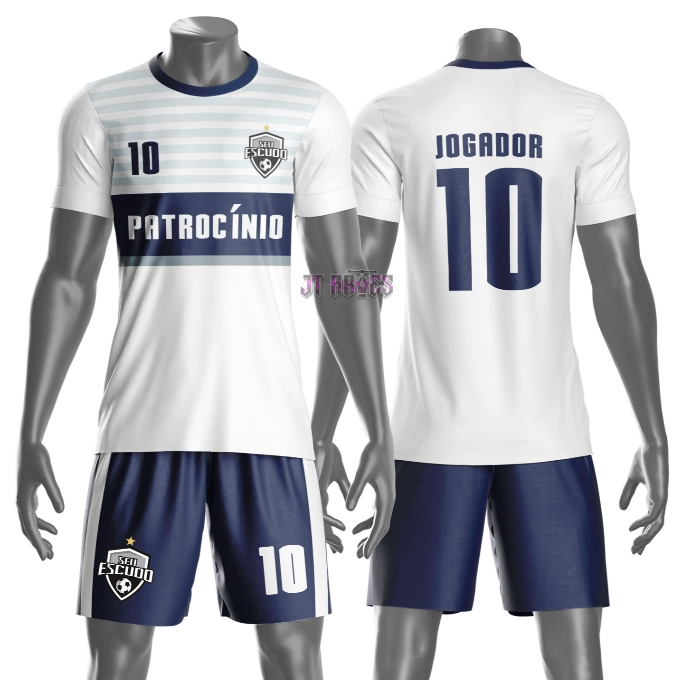 Uniforme jogador futebol amador esportivo camiseta e calção personalizavél nome número escudo mo 194