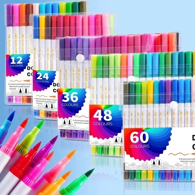 Canetinha Hidrocor Dupla Ponta 12 24 36 48 60 Cores Brush Pen Colorida para Desenho Material Escolar em Oferta na Shopee