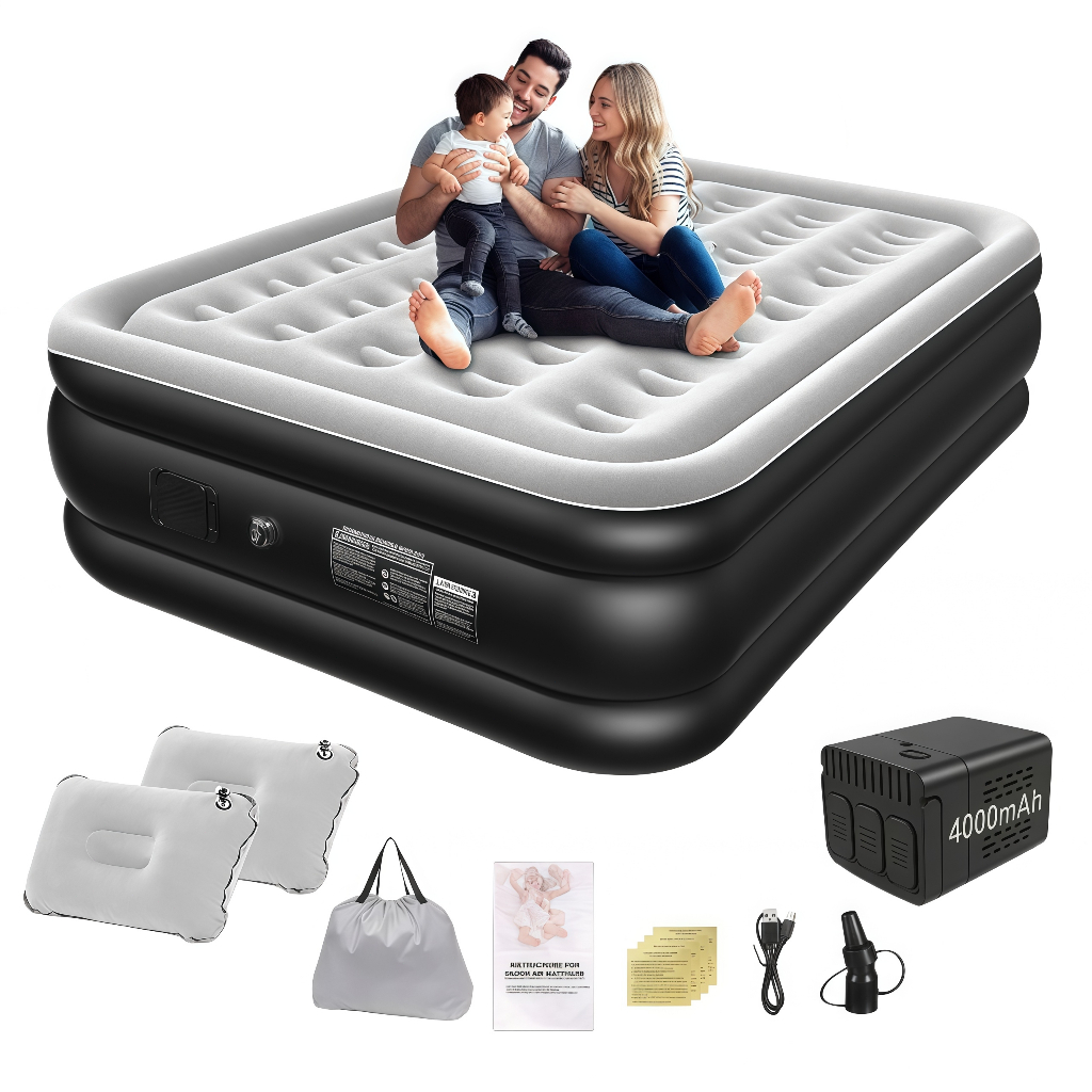 Colchão Inflável Queen Casal com Bomba Elétrica Embutida 2 Travesseiros Cama De Campanha