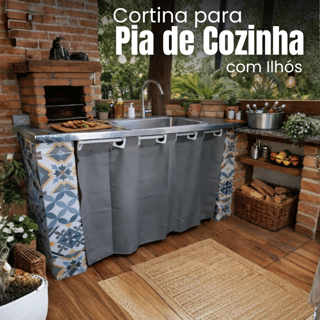 Cortina para Pia de Cozinha com Ilhós 1,40x80 Cortina para Gabinete Armário Pia Cozinha Decorativa