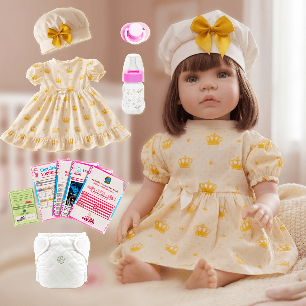 Boneca Bebê Reborn Silicone Realista Menina Vestido Dourado Original Pode dar Banho
