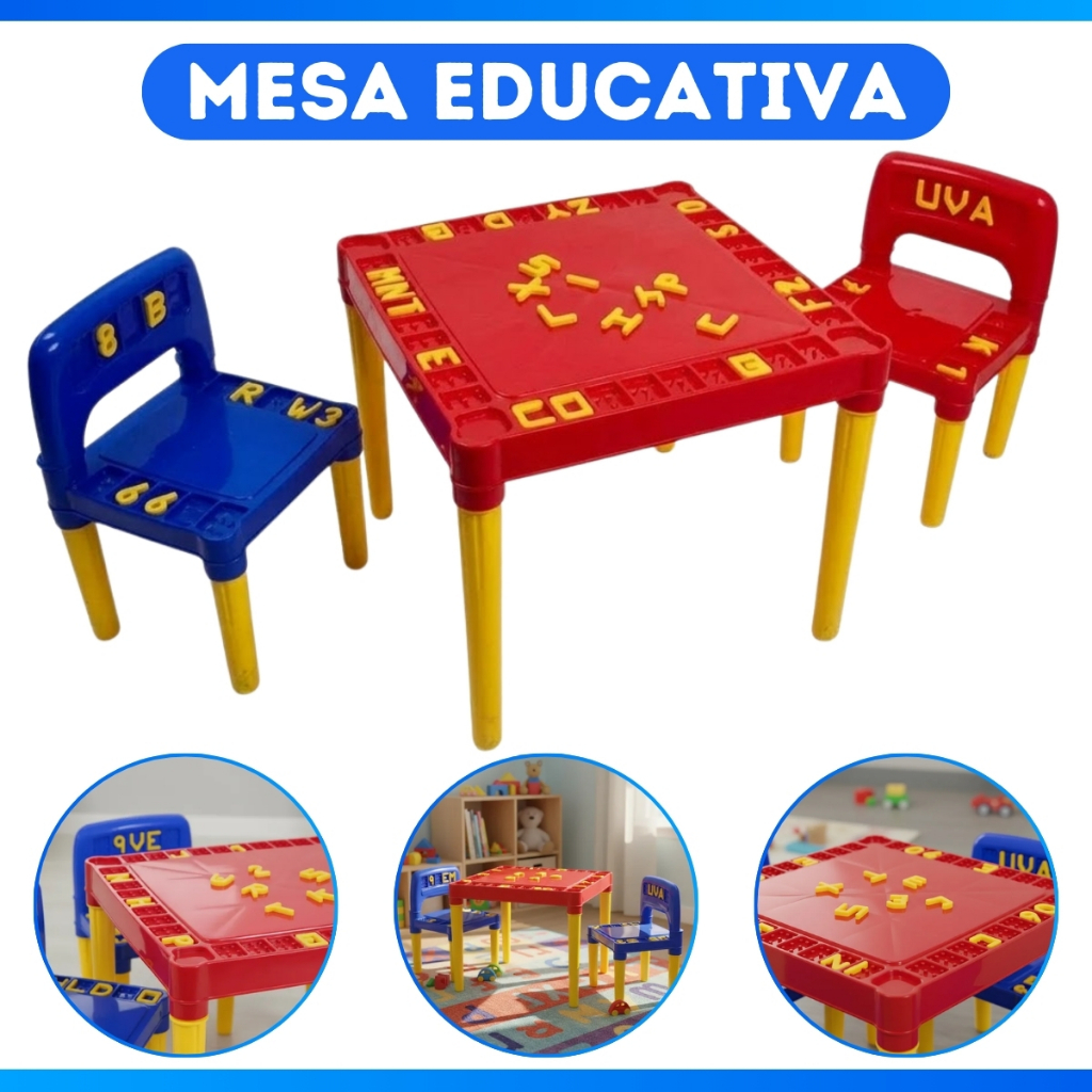 Mesa Infantil Plástico Mesinha Educativa Didática 2 Cadeiras Com Letras e Números