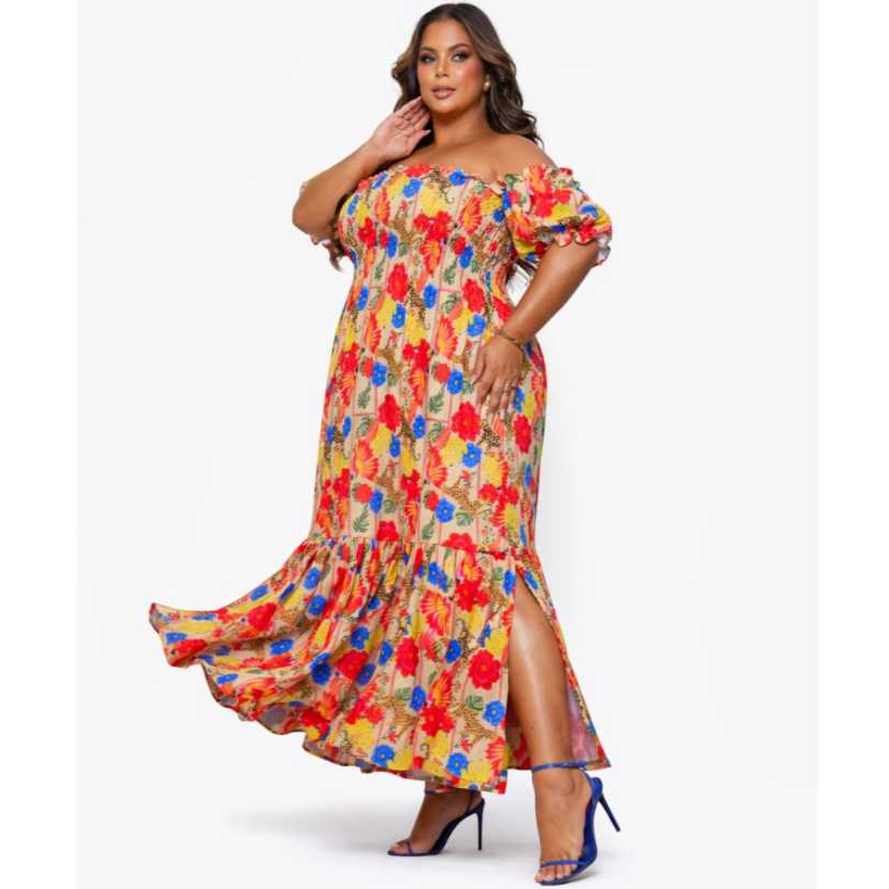 Vestido Plus Size Longo Estampado Manga Ciganinha Lastex Feminino Soltinho Moda Casual Elegante Evangelica