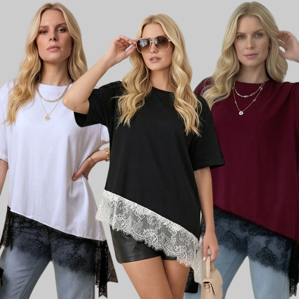 Kit com 3 Blusa Feminina com Renda Assimétrica Modelo Over Elegante Versátil e Confortável.
