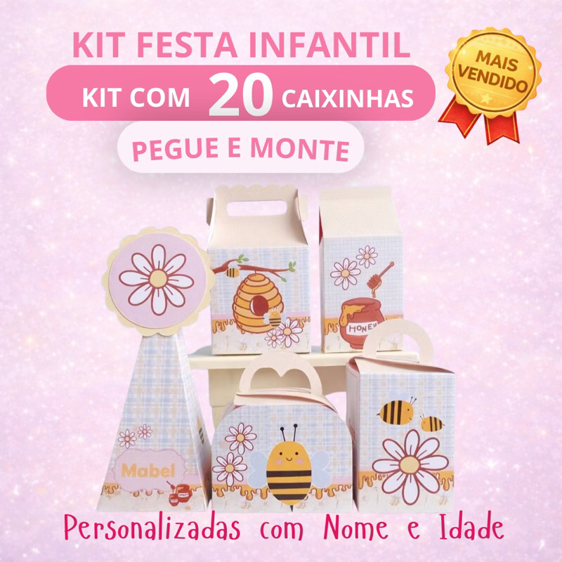 Kit Festa Infantil Abelhinha Personalizado Pegue e Monte 20 Caixinhas Lembrancinha Aniversário Infantil