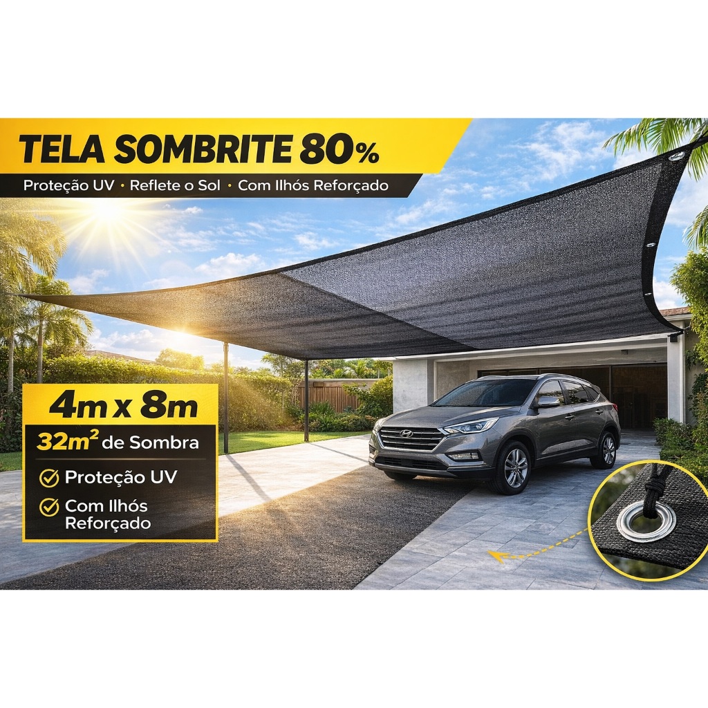 Tela Sombrite 80% 4x8 Com Ilhós Reforçado | Proteção UV Para Garagem Piscina Pergolado Jardim Sombra 32m²