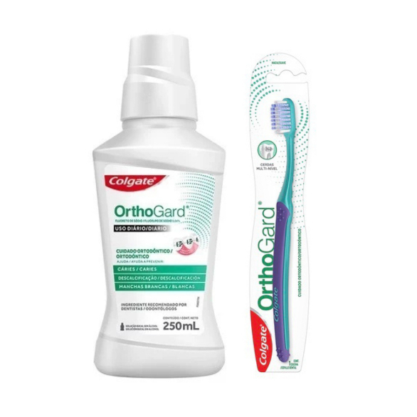 Kit Higiene Bucal Orthogard – 1 Enxaguante Bucal 250 ml + 1 Escova Dental Ortodôntica