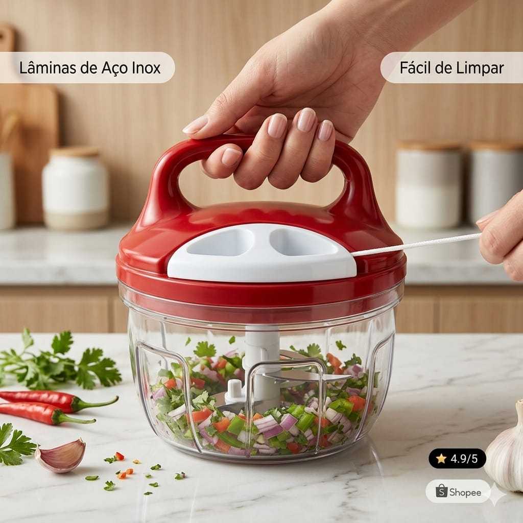De 01 até 02 Mini Processador Triturador de Alimentos Manual 3 Lâminas 500ml.