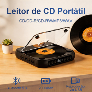 Leitor de CD Portátil Bluetooth Recarregável USB Com Fones de Ouvido Suporta CD-R CD-RW MP3 WMA em Oferta na Shopee