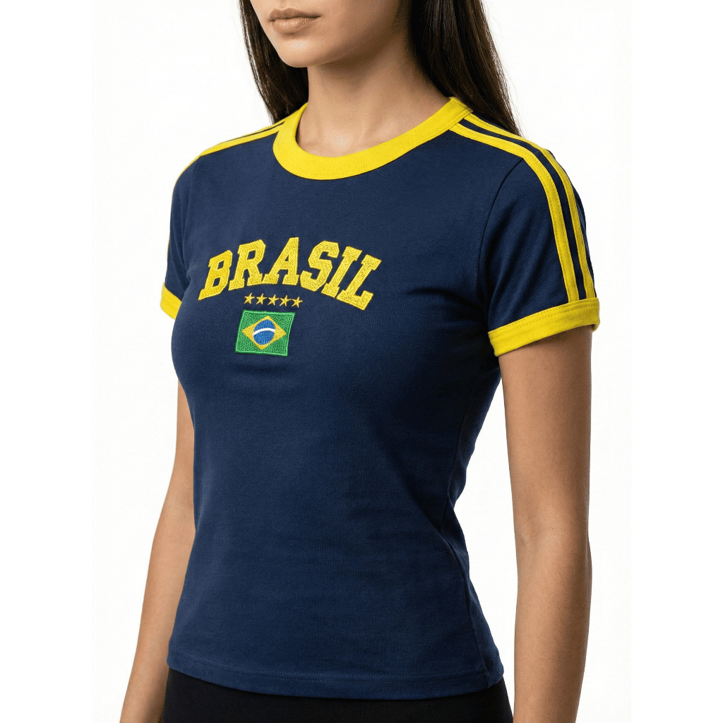 Camiseta Brasil Feminina Baby Look Bordada Bandeira – Blusa Slim Estilo Y2K