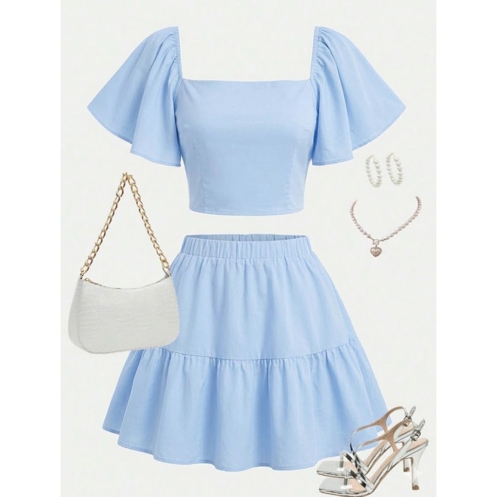 Conjunto Infantil Menina e Adolescente Jovens Saia Babado e Blusa Cropped Ciganinha Primavera e Verão Infantil  CJI044
