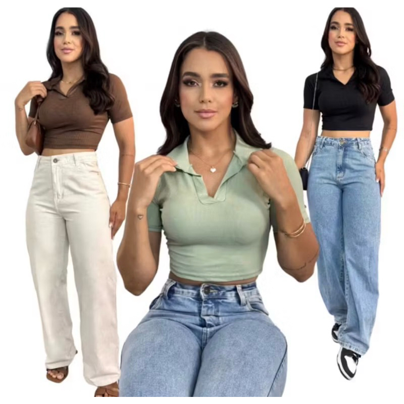 BLUSA GOLA POLO MODA FEMININA BÁSICO CASUAL SOCIAL TRABALHO RIBANA ALGODÃO MANGUINHA VERÃO DIA A DIA ELEGANTE