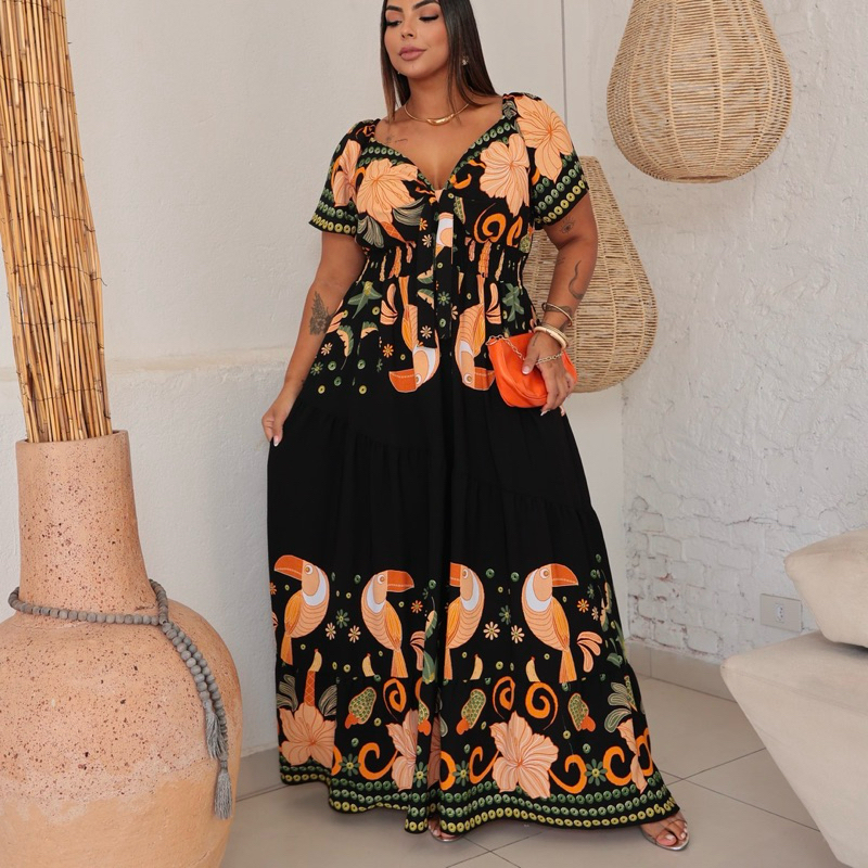 Vestido plus size longo com manga e decote |50 ao 58 - Manu em Oferta na Shopee