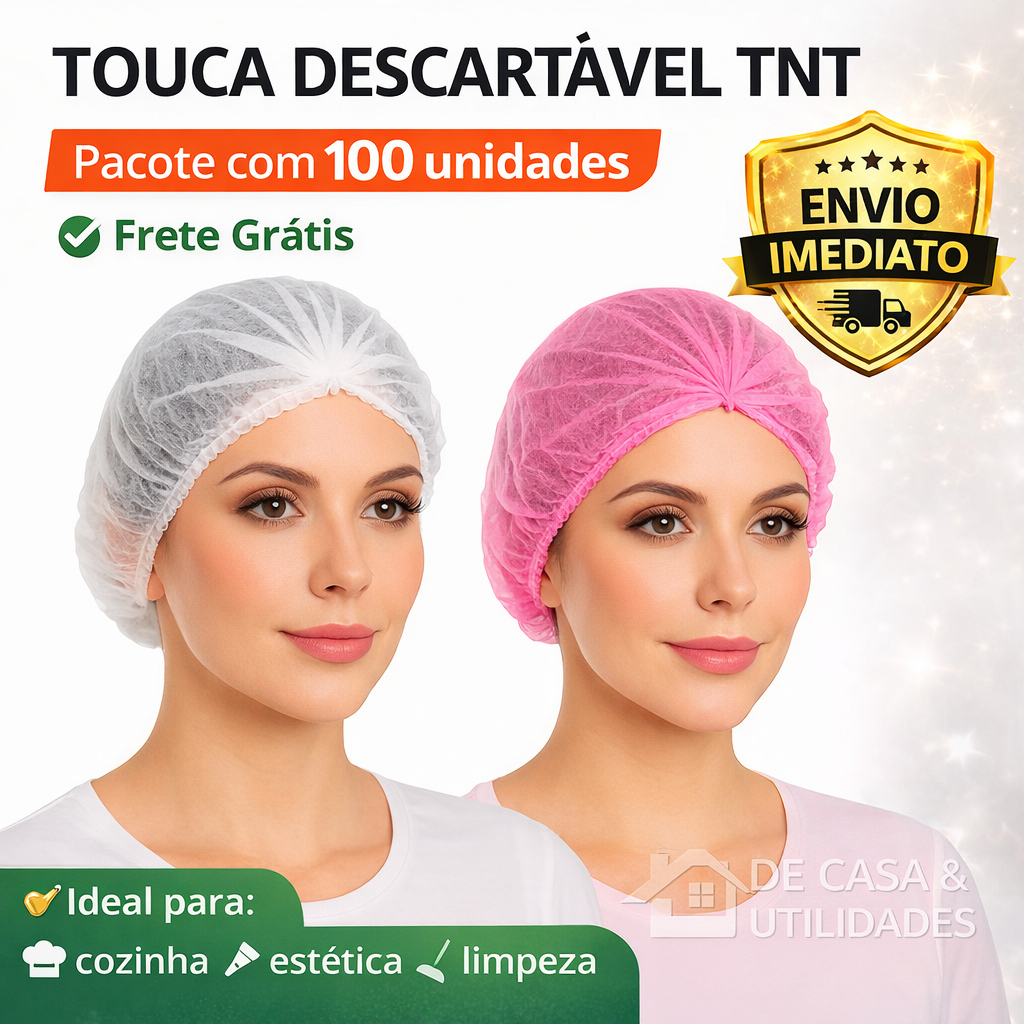 Touca Descartável TNT Rosa Branca 100 Unidades Sanfonada Hospitalar Estética Cozinha Proteção