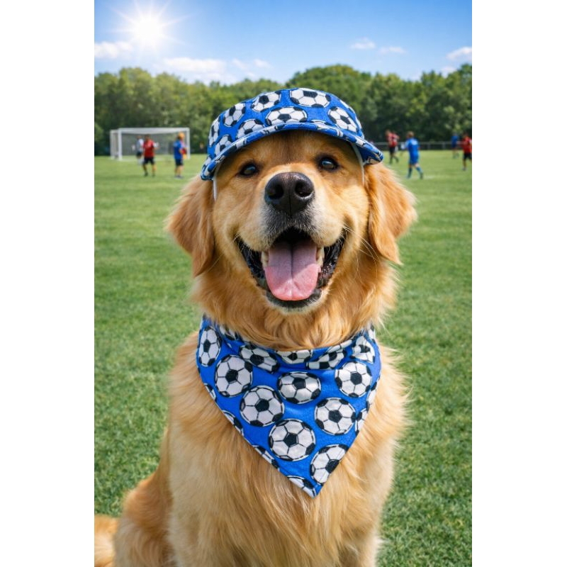 Kit Boné Pet + Bandana Copa do Mundo Futebol para Cachorro PP ao GG Tricoline Ajustável Estampa Bola