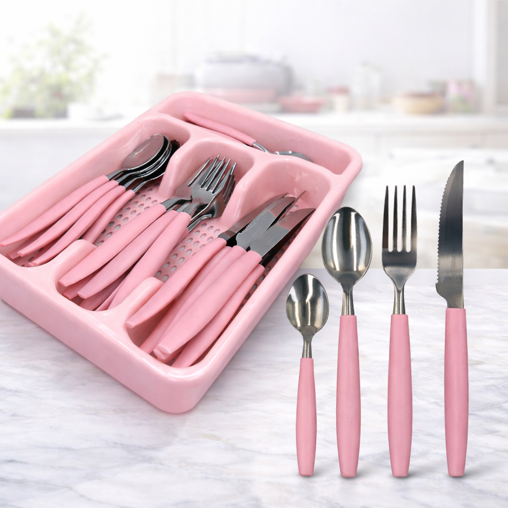 Jogo de Talheres Aço Inox Rosa com Gaveteiro Faqueiro Completo Moderno e Resistente