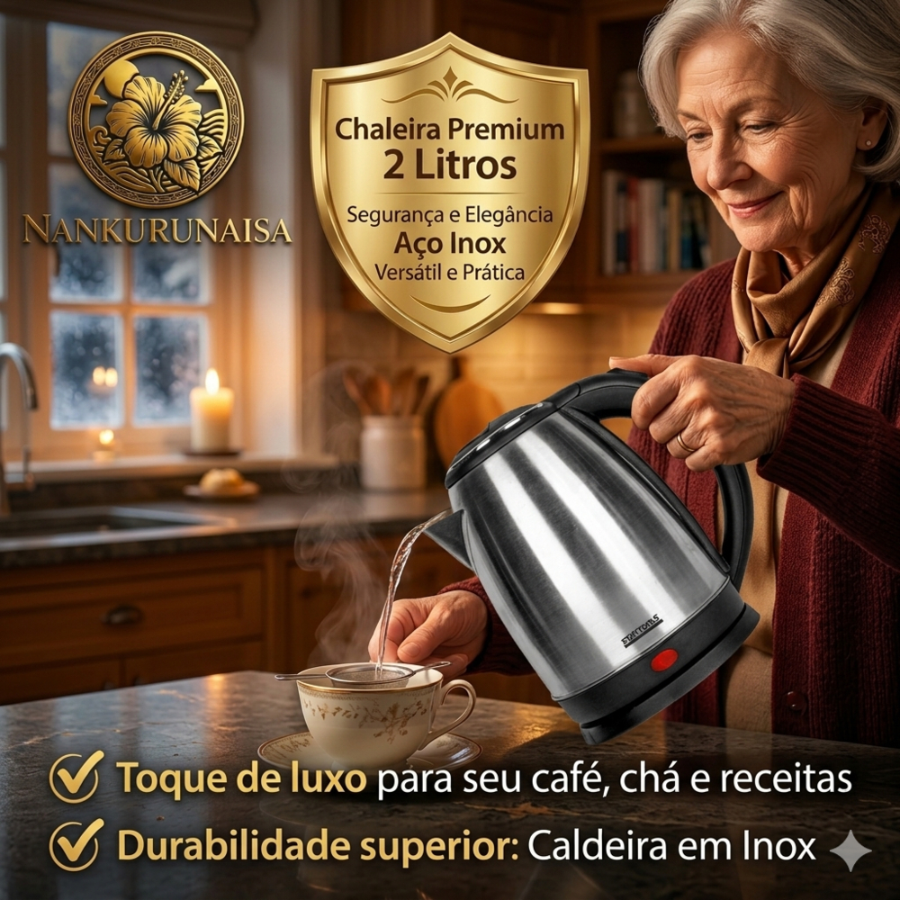 Chaleira elétrica inox chá café praticidade segura Desligamento automática 2L aquecimento rápido