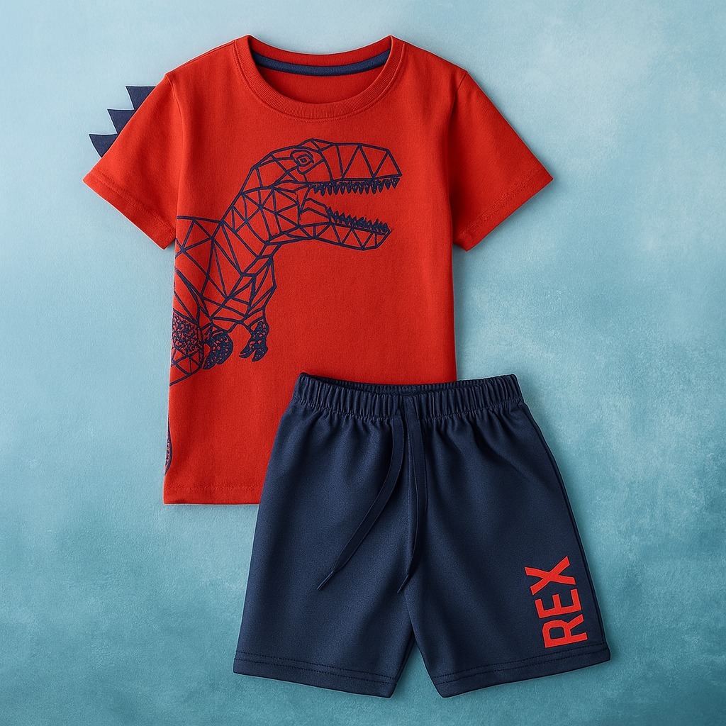 CONJUNTO INFANTIL MENINO DE CAMISETA MALHA E BERMUDA TACTEL Dinossauro OU Folhas