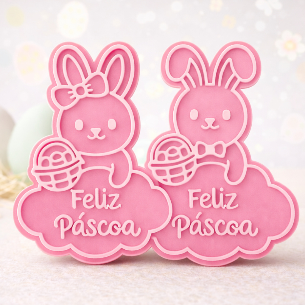 Kit Cortador + Marcador de Biscoitos Temáticos Molde de Páscoa Coelho Coelha com Cesta Feliz Páscoa