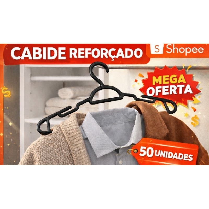 Cabide Tradicional Redondo Adulto em Plástico Preto - Kit 50 Unidades Direto da Fábrica