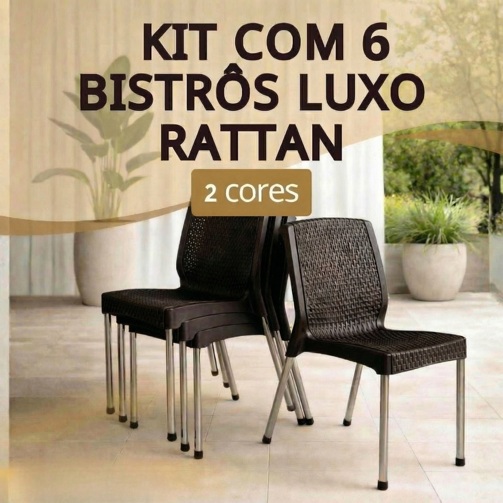 Kit 6 Cadeiras Bistrô Rattan Luxo UV Empilhável Reforçadas 160kg Aço Cromado Varanda Jardim Cozinha