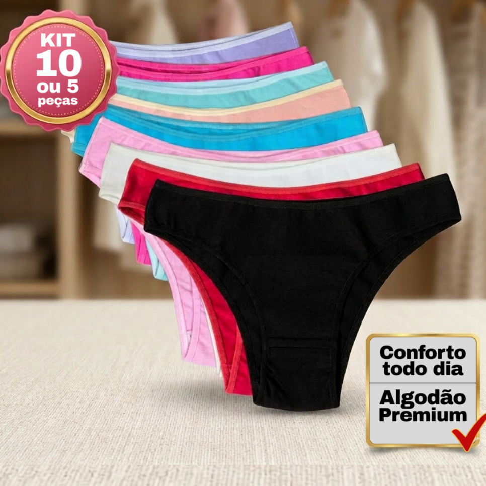 Kit 5 ou 10 Calcinhas Femininas Cotton Algodão C/ Viés Conforto em Oferta na Shopee