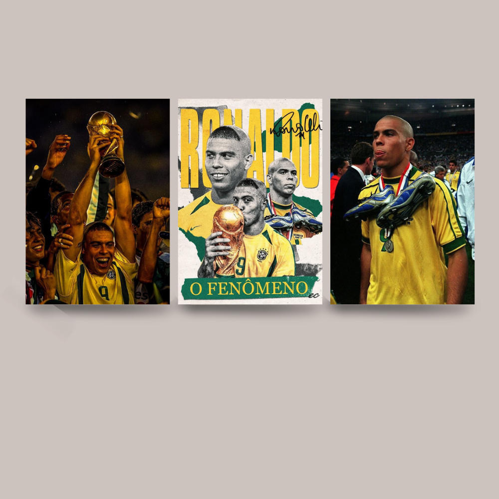 Kit Quadros Decorativos 3 Peças Ronaldo Fenômeno Brasil Real Madrid Inter Milan Copa Mundo 2002