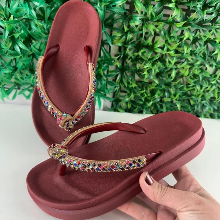 Papete Feminina Plataforma Chinelo de Dedo Confortável Anatômico Tira Nó de Brilho Strass Linda Elegante e Sofisticada