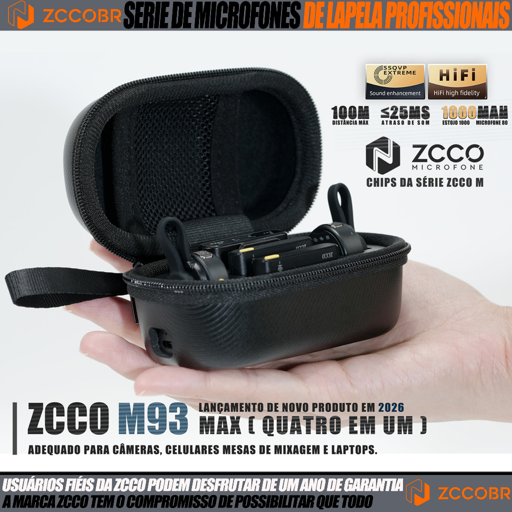ZCCOBR M93 Mic Lapela Sem Fio Profissional com Redução eRuído e Gravação HD para Celulares Câmeras e Computadores