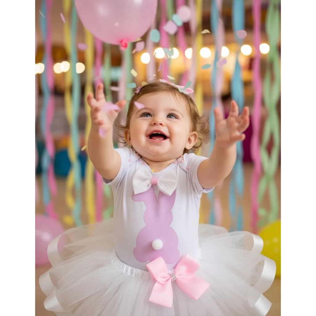 Body Coelhinha Páscoa Bebê Menina Roupa Mesversário Festa Temática Coelha C/ Saia Tutu Infantil