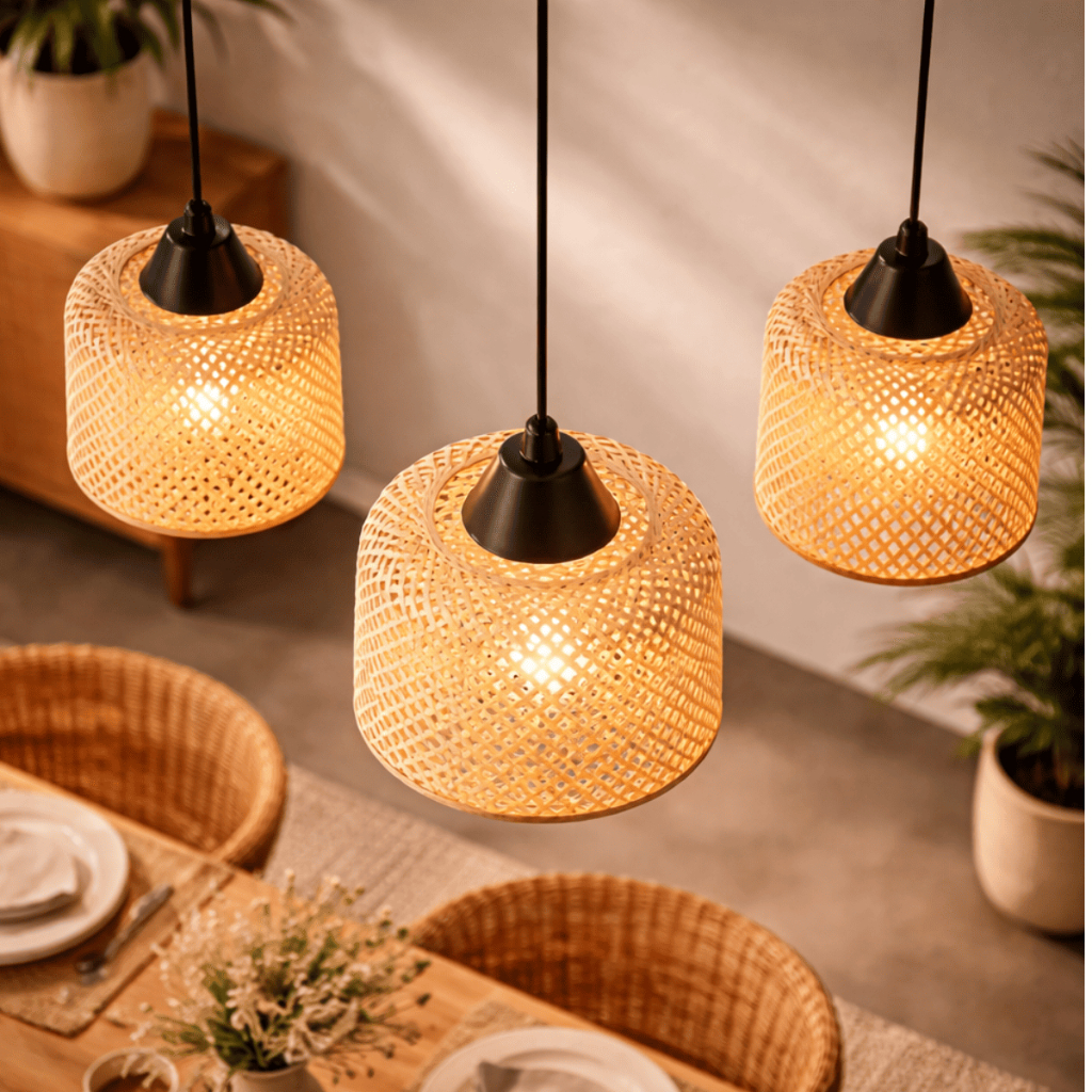 Kit 3 Luminárias Lustre Pendente Fibra Bambu Natural Artesanal Boho Abajur De Quarto Cozinha Bancada