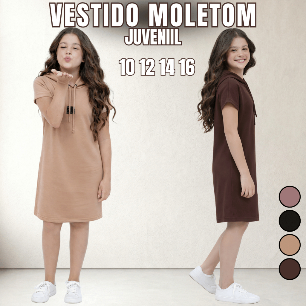 Vestido Moletom Juvenil Feminino 10 12 14 16 Calor Algodão Confortável  Verão Soltinho Passeio Festa