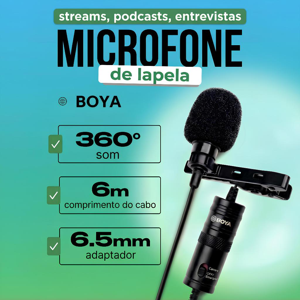Microfone de Lapela Boya BY-M1 Condensador Omnidirecional para Câmeras e Smartphones Cobertura 360°