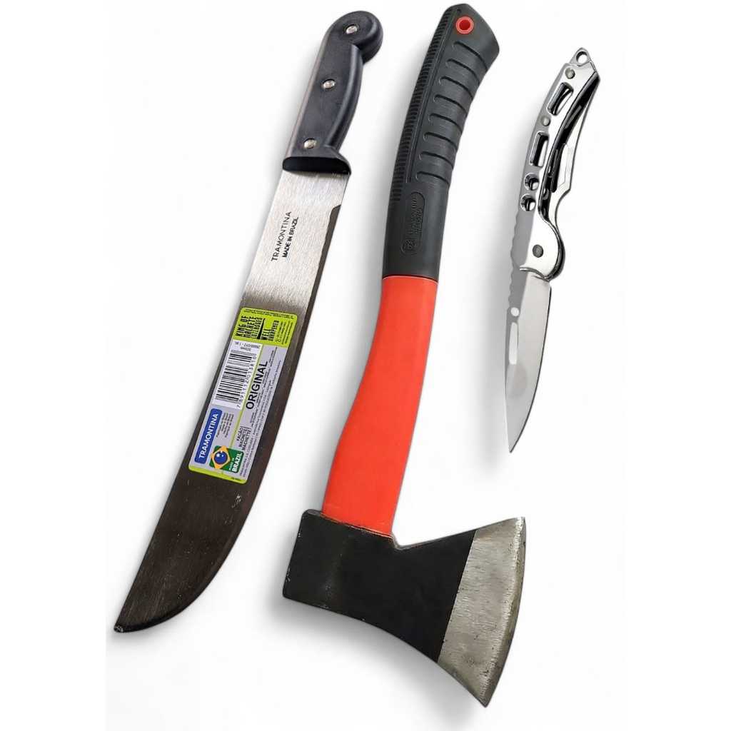 Kit machado / machadinha madeira + canivete inox de bolso + facão Tramontina 12" mato galho cana