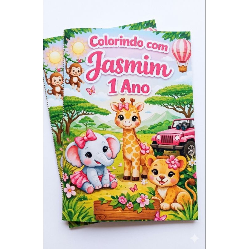 Livrinho de Colorir Personalizado Safari Menina Rosa - Lembrancinha de Aniversário Infantil - Kit 10/20/30 unidades