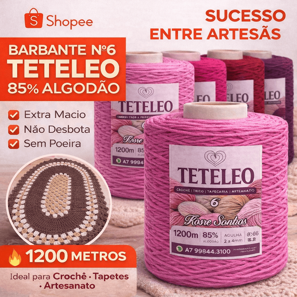 Barbante Antialérgico Fio Nº6 TeTeLeo 1200m – Sem Poeira, Não Desbota, Ideal para Crochê e Artesanato