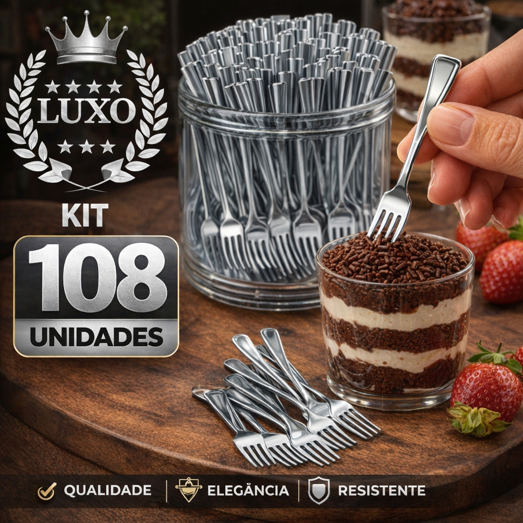 Kit c/ 108 Mini Garfos Prata Luxo Descartável 10cm Plástico para festas e eventos
