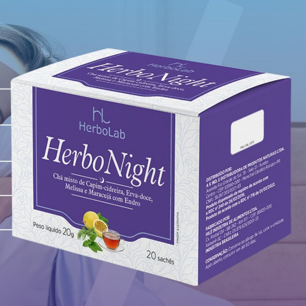 Chá Herbo Night ( Chá misto de Capim-Cidreira, Erva-Doce, Melissa e Maracujá com Endro) 20 Sachês Herbolab