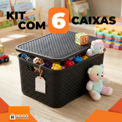 Kit 6 Cestos Organizadores Multiuso Rattan 7L Com Tampa Colorido