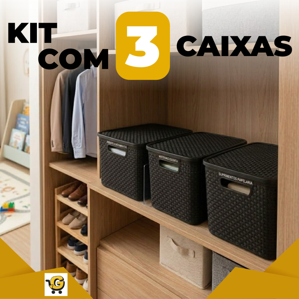 Kit 3 Caixas Organizadoras Rattan Multiuso 7L Cor Preta