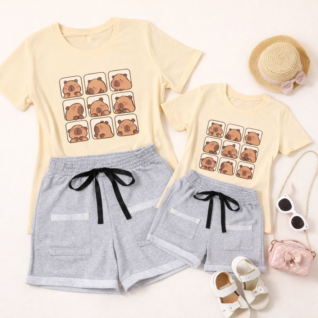 kit tal mãe, tal filha capivara conjunto feminino verão shortinho + camiseta 100%algodão