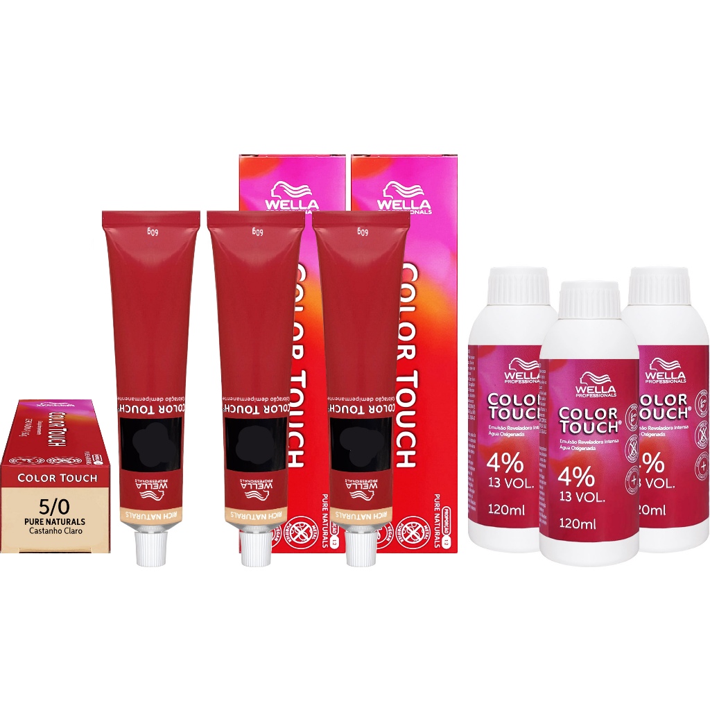 Wella Kit c/3 Color Touch Tonalizante 5/0 Castanho Claro 60g + 3 Emulsão 13v 120 ml