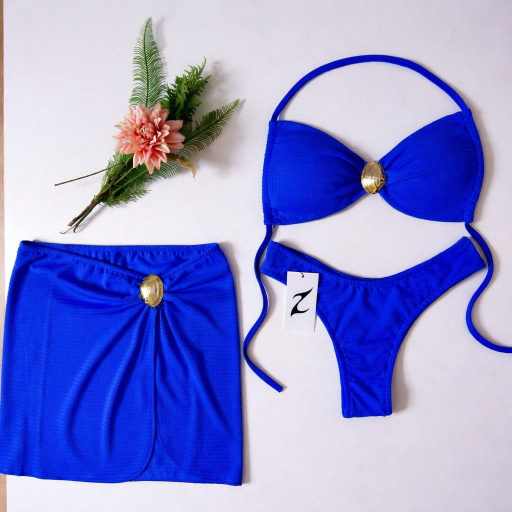 Kit Biquini Com Saia 3 Peças Concha Moda Praia Feminina Tamanho GG  Com Bojo Envio Imediato