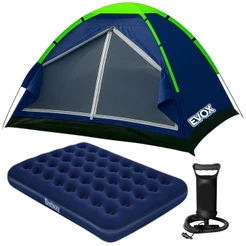 Kit Barraca Camping 4 Pessoas A Prova D'Água + Colchão Inflável Casal Resistente + Bomba de Ar Evox