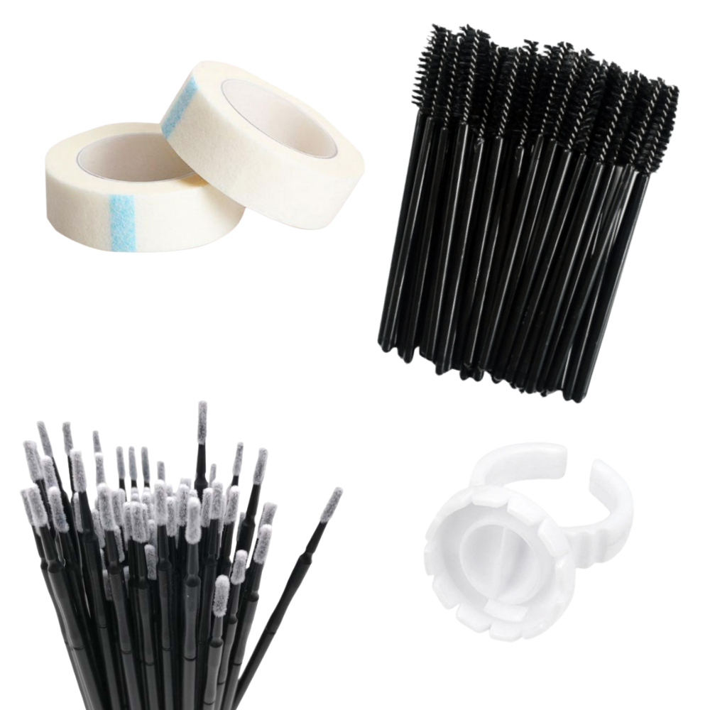 Kit Lash Designer 2 Rolos Micropore , 100 Microbrush Preto, 100 Escovinhas Preta, 100 Anel Flor
