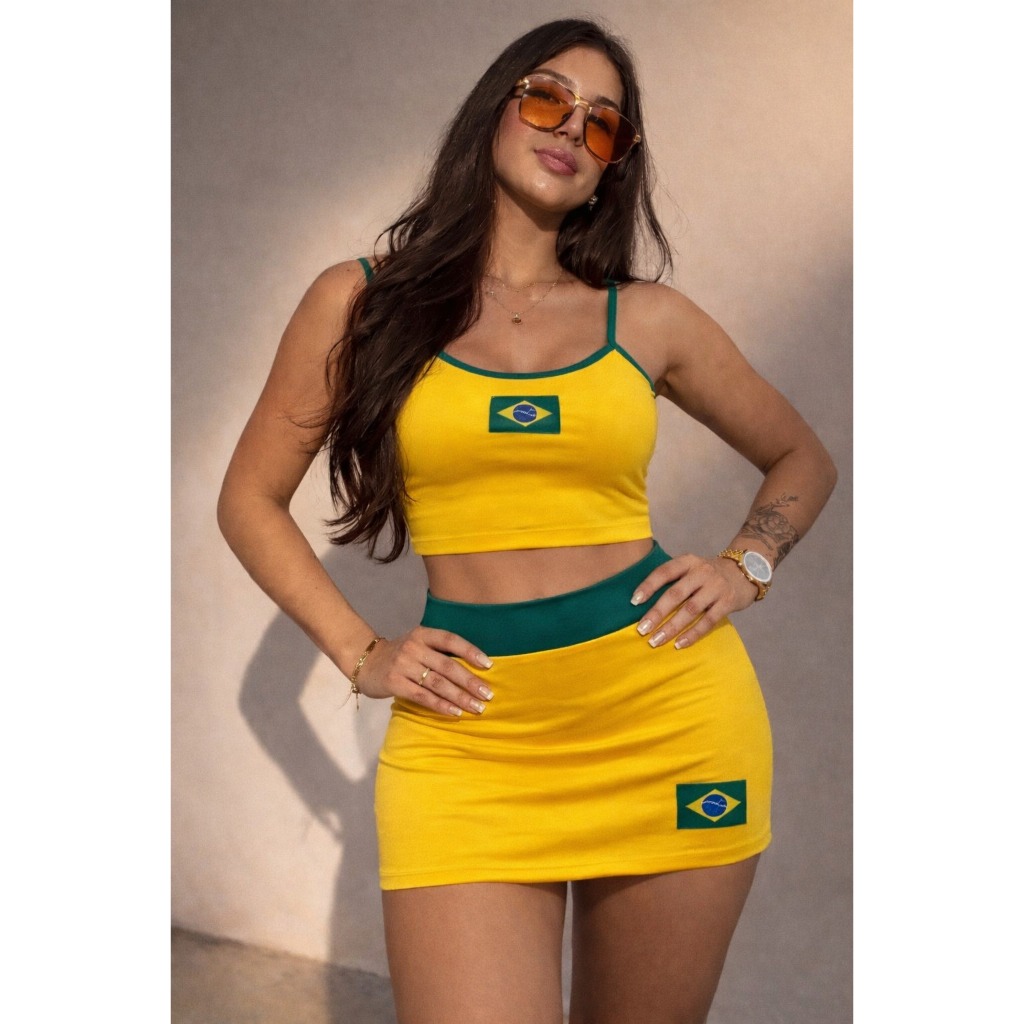 Conjunto Feminino Cropped + Saia Curta do Brasil Suplex Estilo Copa Verão Praia Casual Fashion