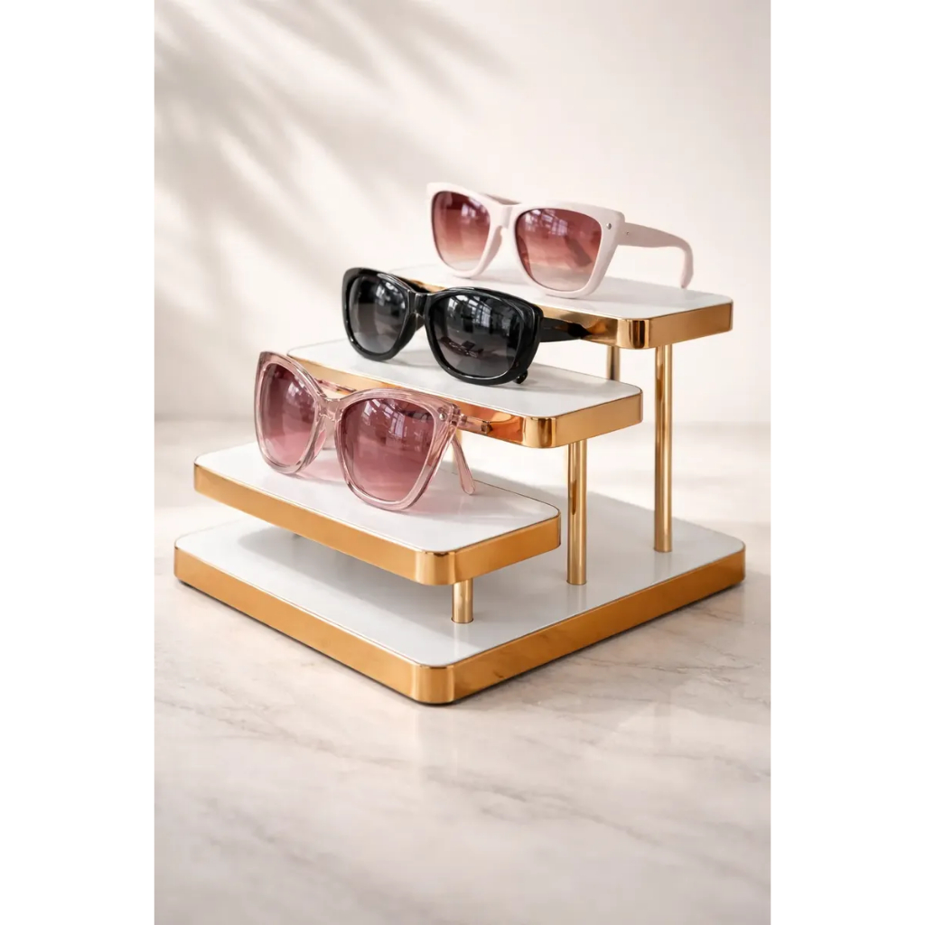 Expositor de Joias óculos Vitrine Bijuterias Branco com Dourado 3 Degraus Escada Escadinha em Oferta na Shopee