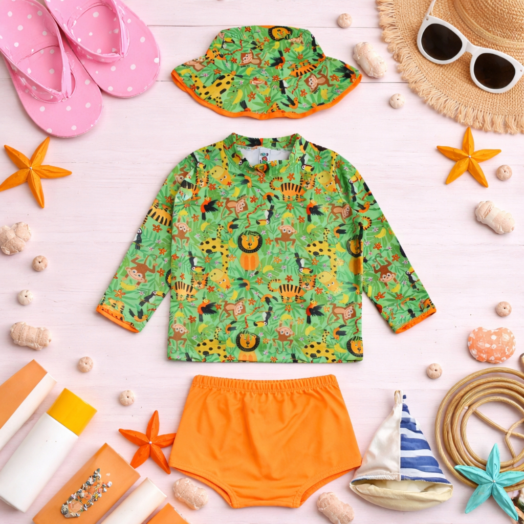 Kit Blusa com Proteção Solar UV50 + Tapa Fraldas + Chapéu Bebê e Infantil Moda Praia Meninos Diju em Oferta na Shopee